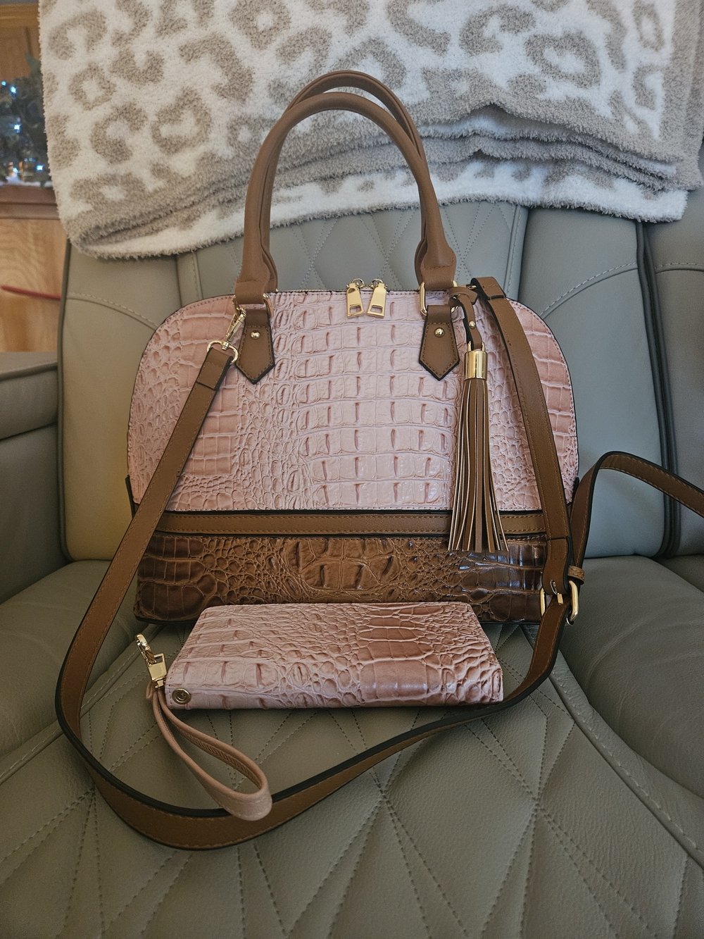 Two-Tone Pink and Brown Croc-Embossed Domed Bag with Tassel And Matching Wallet